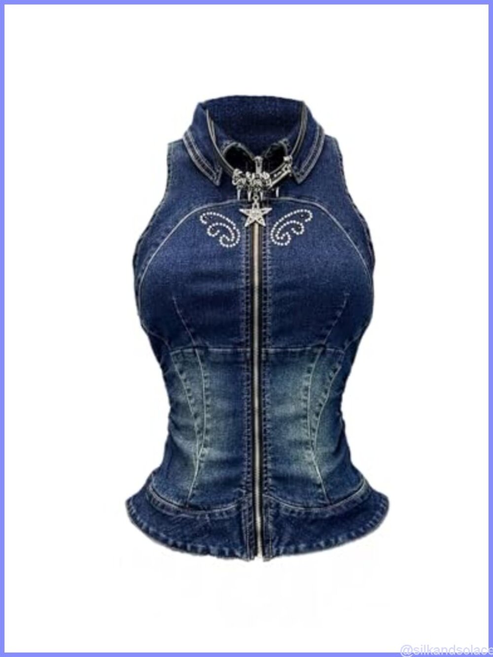 Y2K Zip Up Denim Vest Sleeveless Collared Rhinestone Tank Top